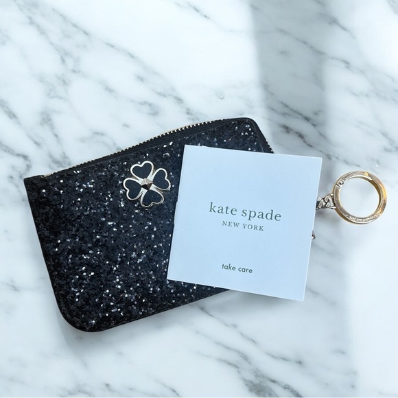 KATE SPADE Odette Black Glitter Keychain Cardholder Zip Wallet - Picture 4 of 11
